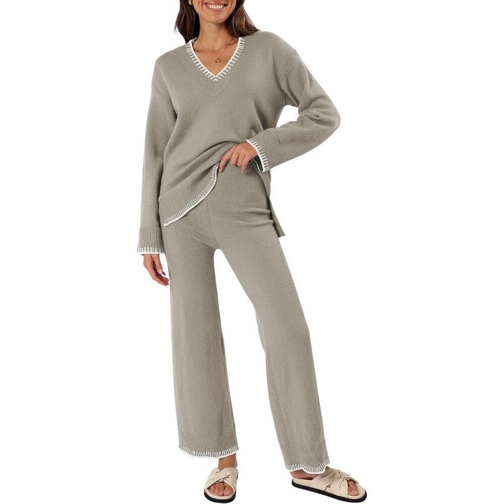 Women's Knit 2-Piece Lounge Set V Neck Pullover Wide Leg Pants Fall
